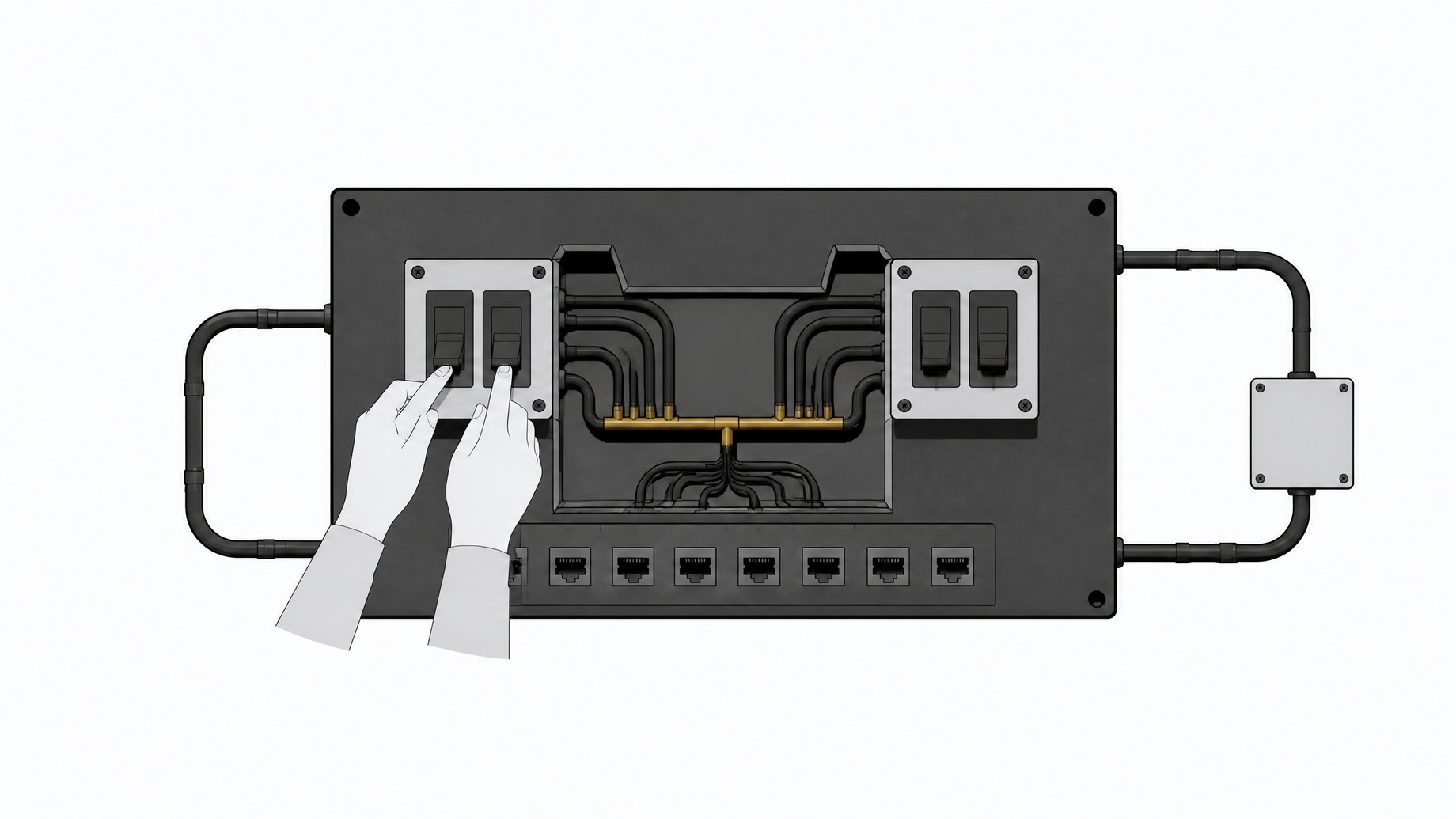 A single control panel with two identical sets of switches—one worked by a human hand, one wired to a blank automated module—both feeding into the same shared internal bus and set of data ports.