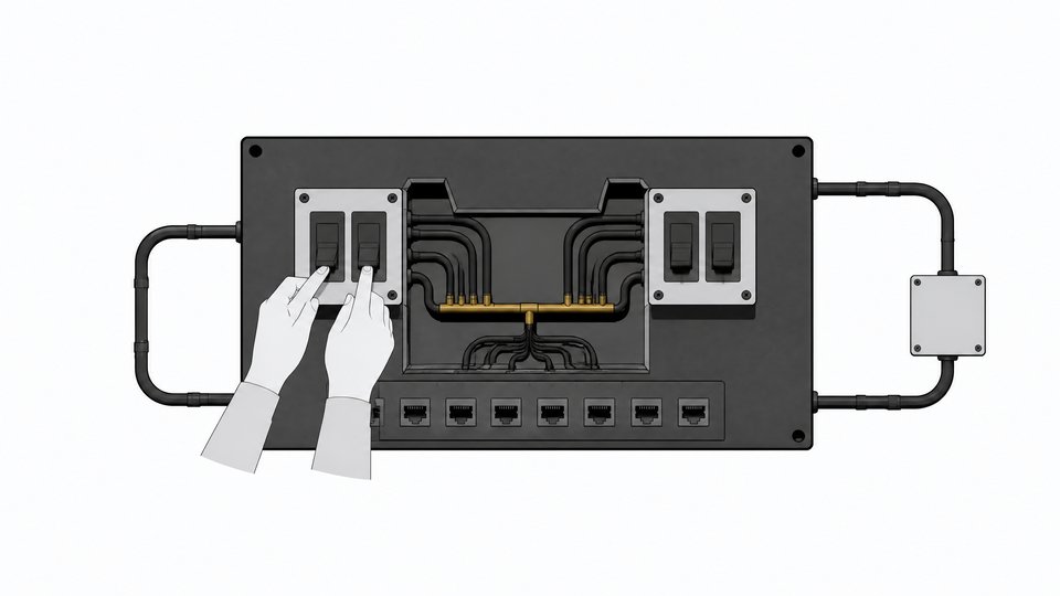 A single control panel with two identical sets of switches—one worked by a human hand, one wired to a blank automated module—both feeding into the same shared internal bus and set of data ports.