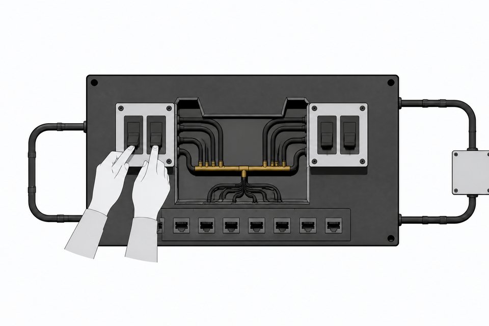 A single control panel with two identical sets of switches—one worked by a human hand, one wired to a blank automated module—both feeding into the same shared internal bus and set of data ports.