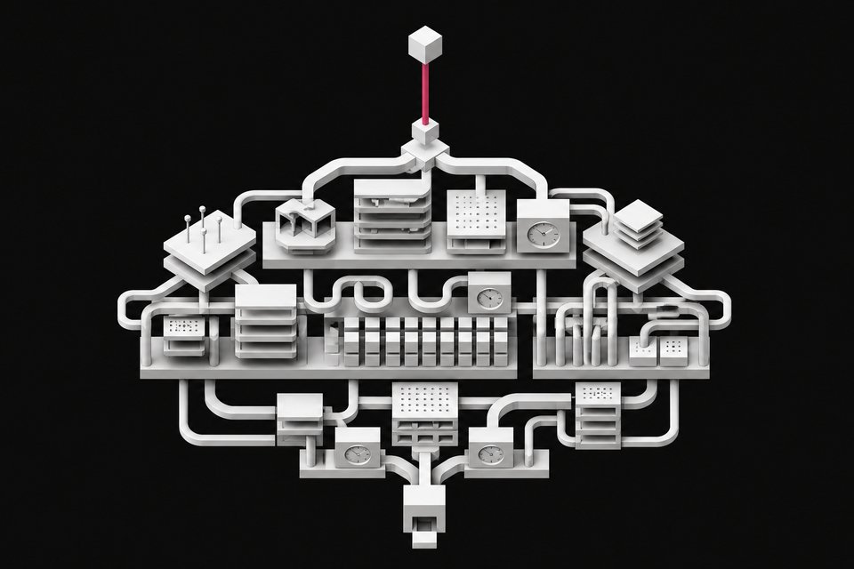 A tiny input module atop a much larger branching lattice of orchestration, memory, retry-loop, and monitoring components, illustrating where production AI agent infrastructure costs actually accumulate beyond token processing.