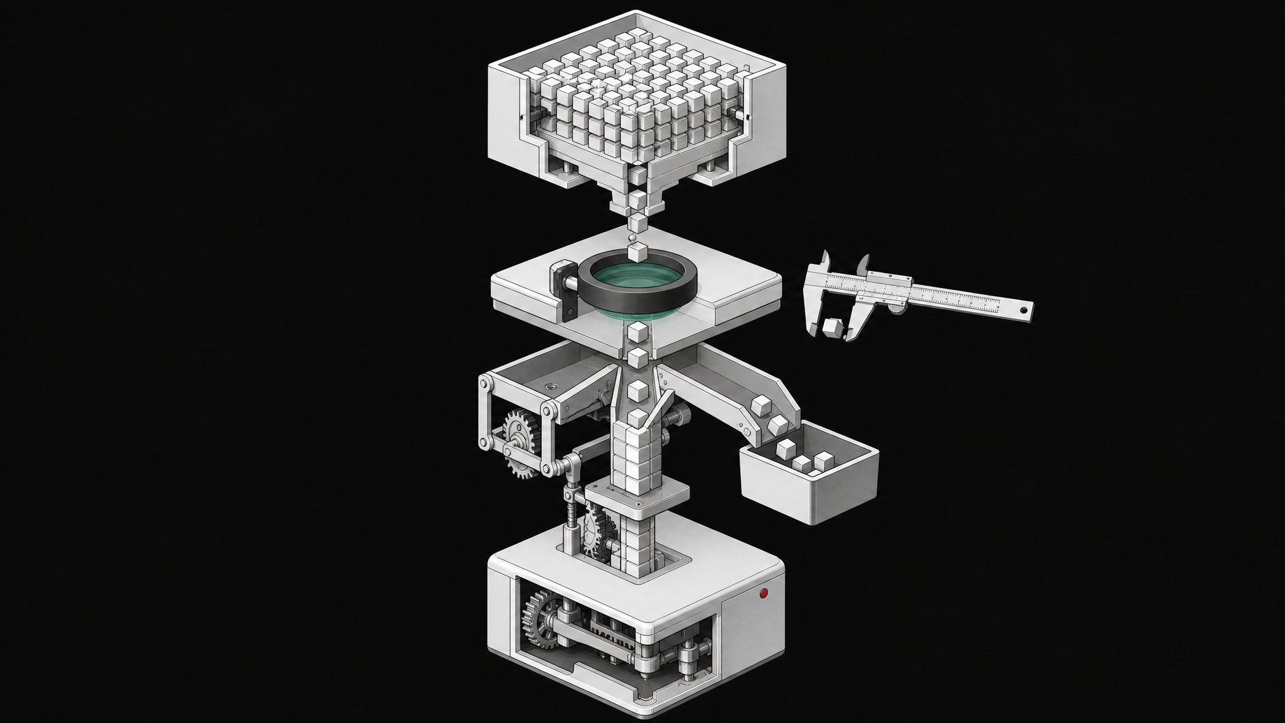 Diagram of a software pipeline where AI-generated code blocks pass through an inspection stage with a magnifying lens before being accepted or rejected and finally sealed into a finished module.