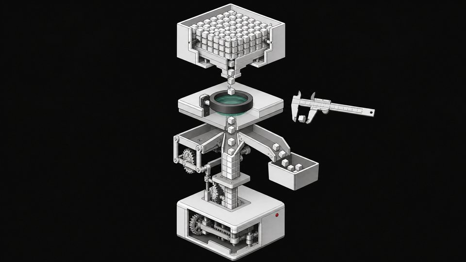 Diagram of a software pipeline where AI-generated code blocks pass through an inspection stage with a magnifying lens before being accepted or rejected and finally sealed into a finished module.