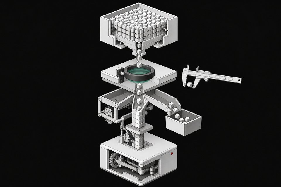 Diagram of a software pipeline where AI-generated code blocks pass through an inspection stage with a magnifying lens before being accepted or rejected and finally sealed into a finished module.