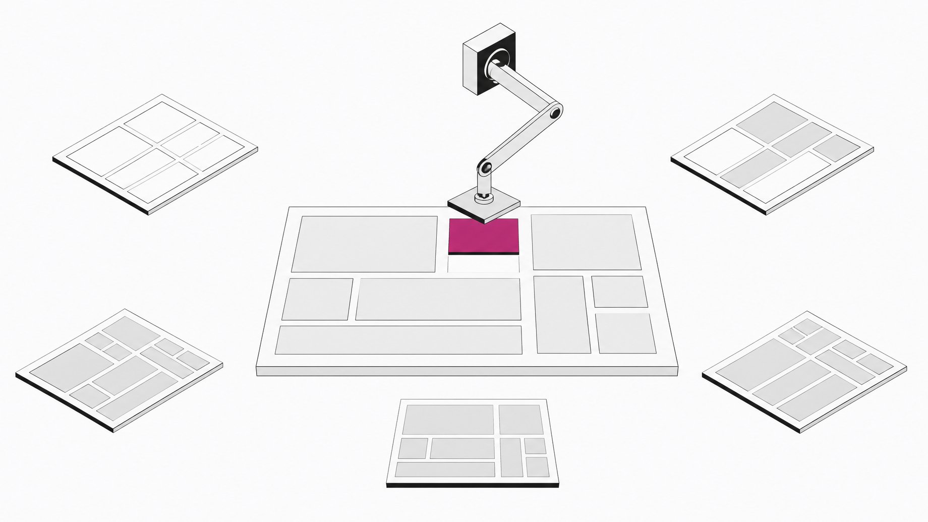 A robotic arm placing a highlighted block into an empty interface grid, surrounded by smaller versions of the same grid in varying stages of completion, illustrating an AI system generating a finished UI layout directly.