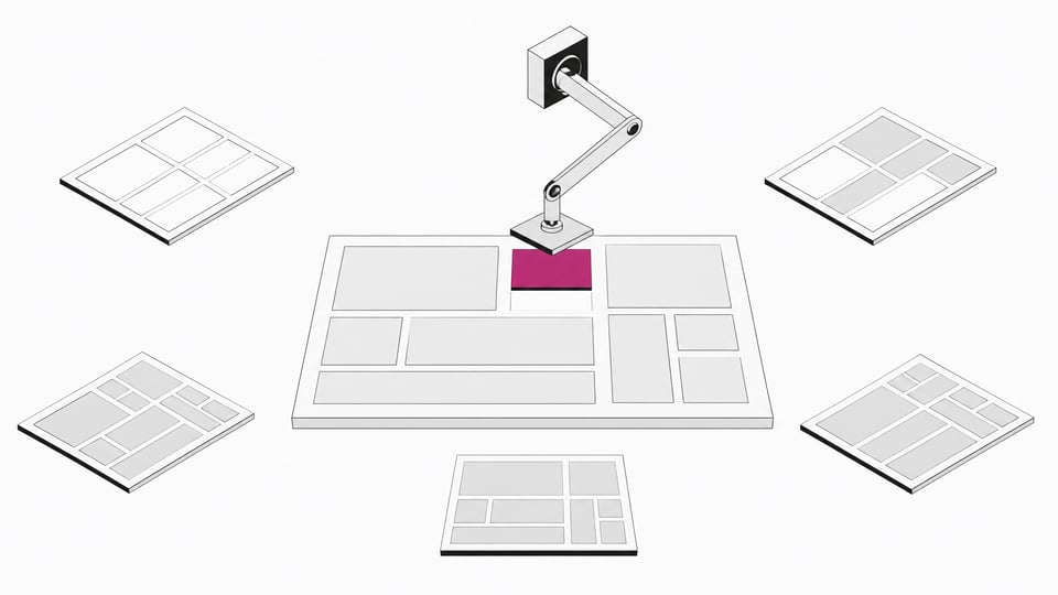 A robotic arm placing a highlighted block into an empty interface grid, surrounded by smaller versions of the same grid in varying stages of completion, illustrating an AI system generating a finished UI layout directly.