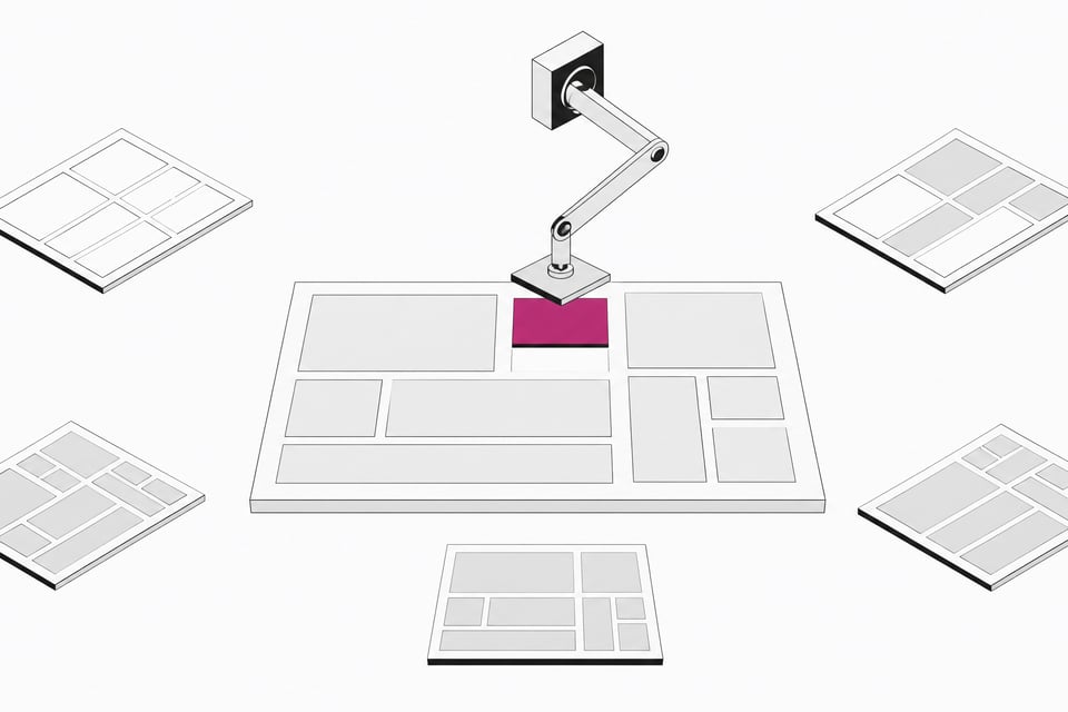 A robotic arm placing a highlighted block into an empty interface grid, surrounded by smaller versions of the same grid in varying stages of completion, illustrating an AI system generating a finished UI layout directly.