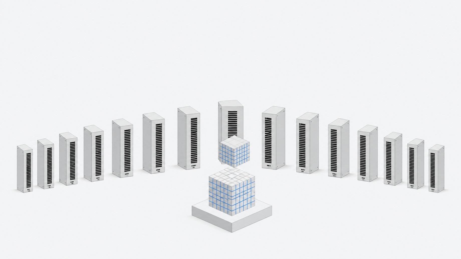 A single embedded database cube centered against a wide arc of many uniform server towers, illustrating one compact engine versus a distributed cluster.