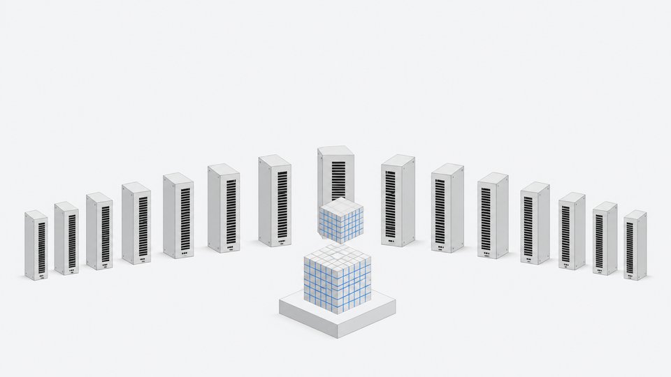 A single embedded database cube centered against a wide arc of many uniform server towers, illustrating one compact engine versus a distributed cluster.