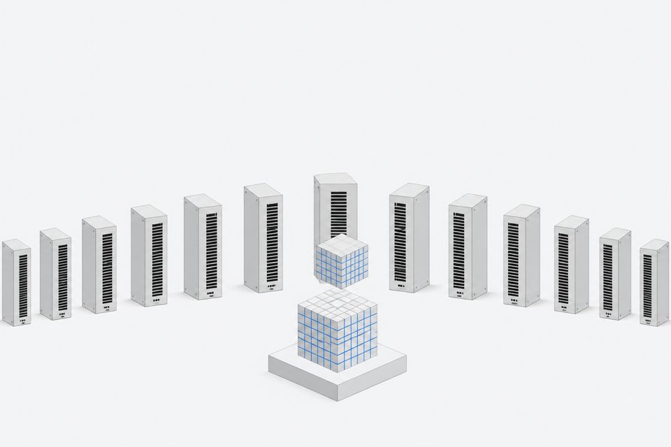 A single embedded database cube centered against a wide arc of many uniform server towers, illustrating one compact engine versus a distributed cluster.