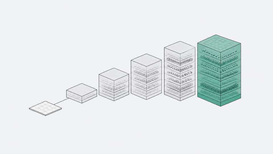 A flat predictive tile connects to a rising sequence of increasingly layered, volumetric cubes, illustrating the shift from predicting a single token to simulating a full world state.