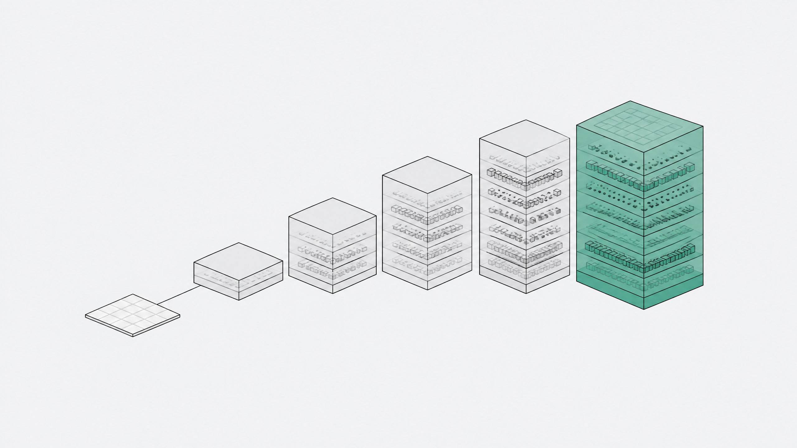 A flat predictive tile connects to a rising sequence of increasingly layered, volumetric cubes, illustrating the shift from predicting a single token to simulating a full world state.