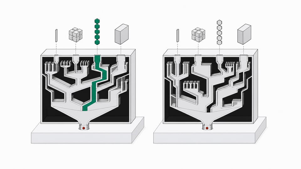 Two identical AI-model units shown in cutaway with different internal task-routing lattices, one channel highlighted in accent color to show how task shape determines the path through each system.