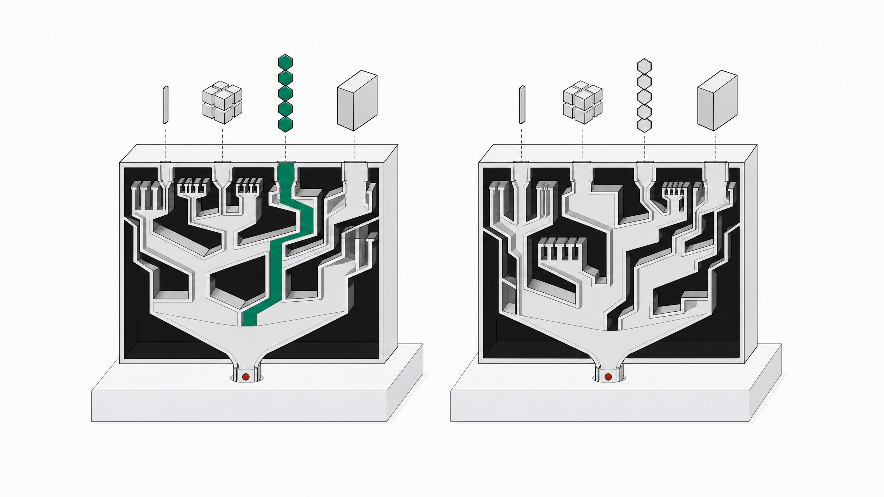 Two identical AI-model units shown in cutaway with different internal task-routing lattices, one channel highlighted in accent color to show how task shape determines the path through each system.