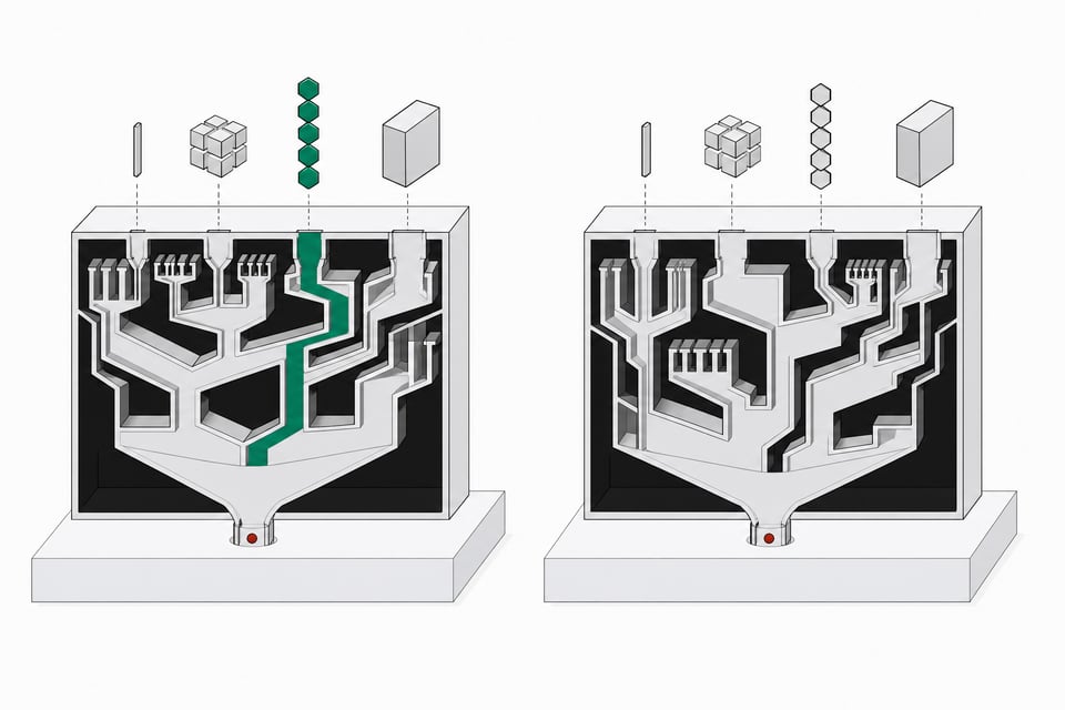 Two identical AI-model units shown in cutaway with different internal task-routing lattices, one channel highlighted in accent color to show how task shape determines the path through each system.