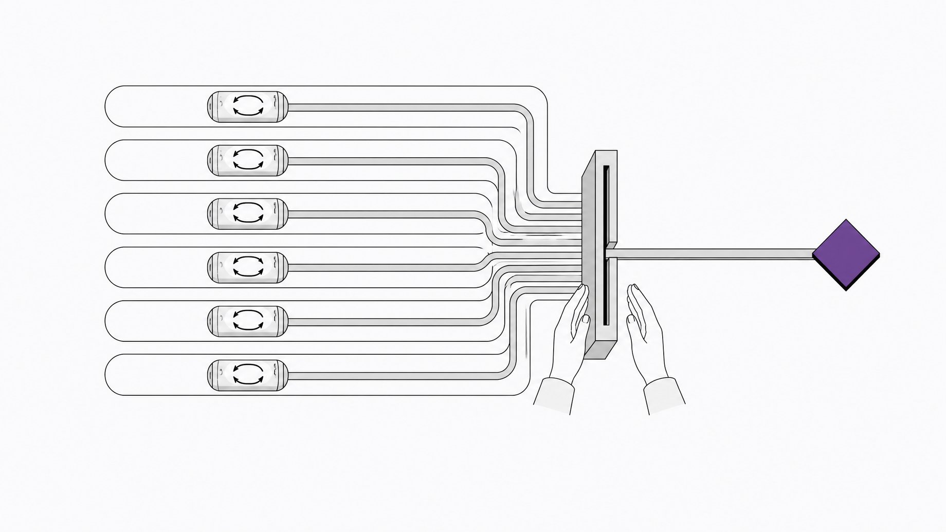 Diagram of multiple isolated parallel process capsules converging through a single narrow gate toward one verified checkpoint, with a pair of hands positioned beside the gate.