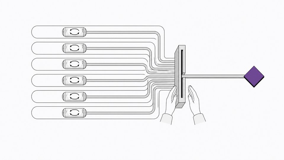 Diagram of multiple isolated parallel process capsules converging through a single narrow gate toward one verified checkpoint, with a pair of hands positioned beside the gate.