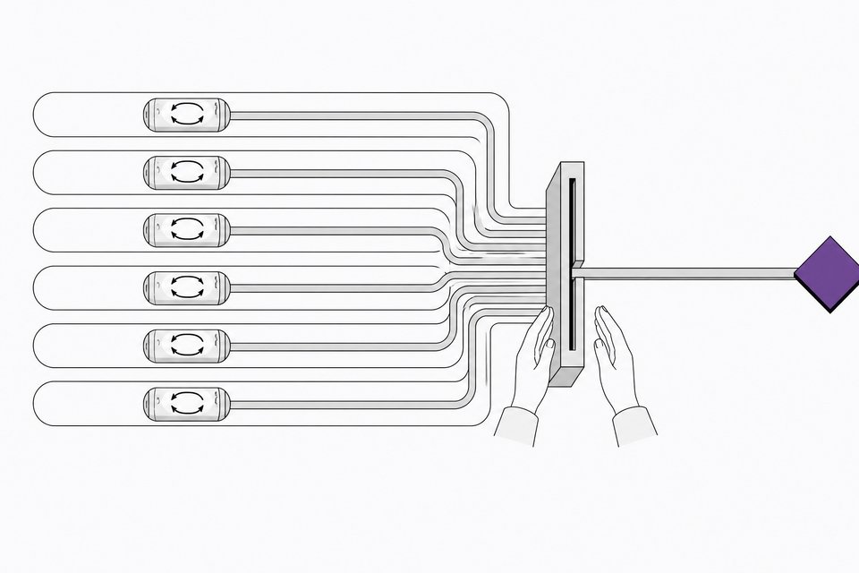 Diagram of multiple isolated parallel process capsules converging through a single narrow gate toward one verified checkpoint, with a pair of hands positioned beside the gate.