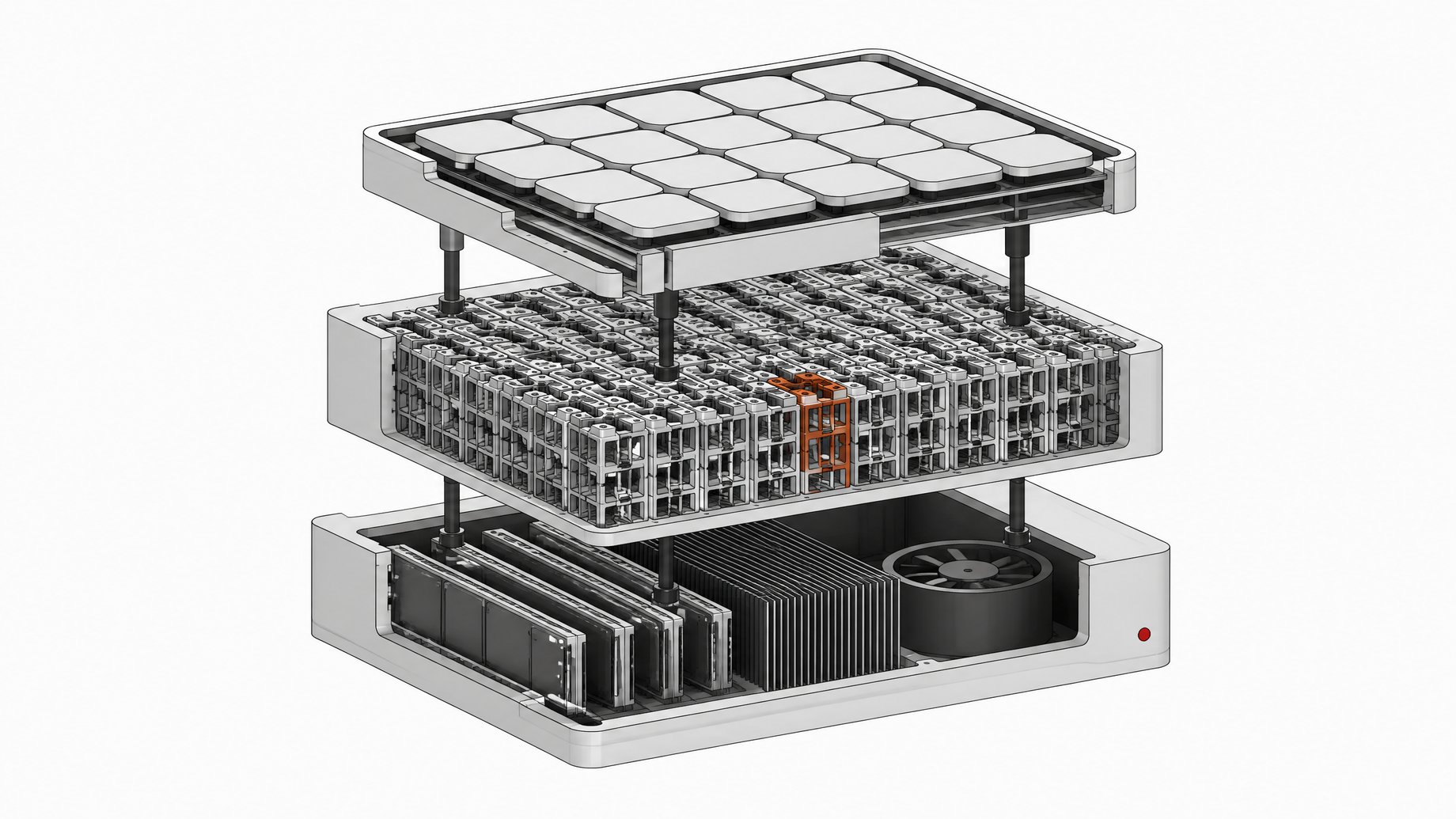 Exploded three-layer diagram of a local AI stack showing an interface tray, a dense processing core, and a hardware chassis with memory modules and cooling, connected vertically.
