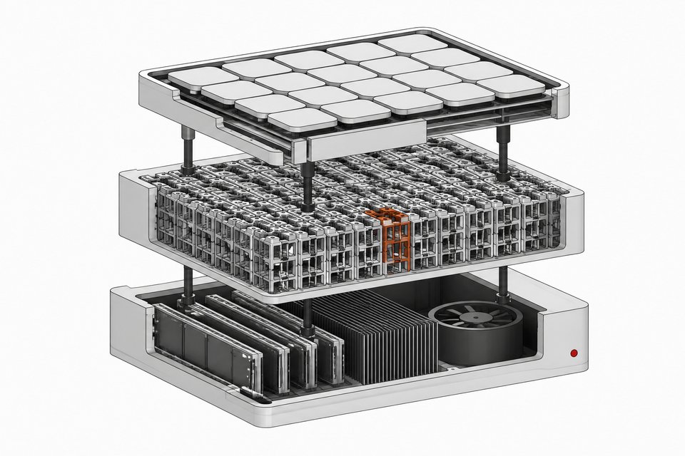 Exploded three-layer diagram of a local AI stack showing an interface tray, a dense processing core, and a hardware chassis with memory modules and cooling, connected vertically.