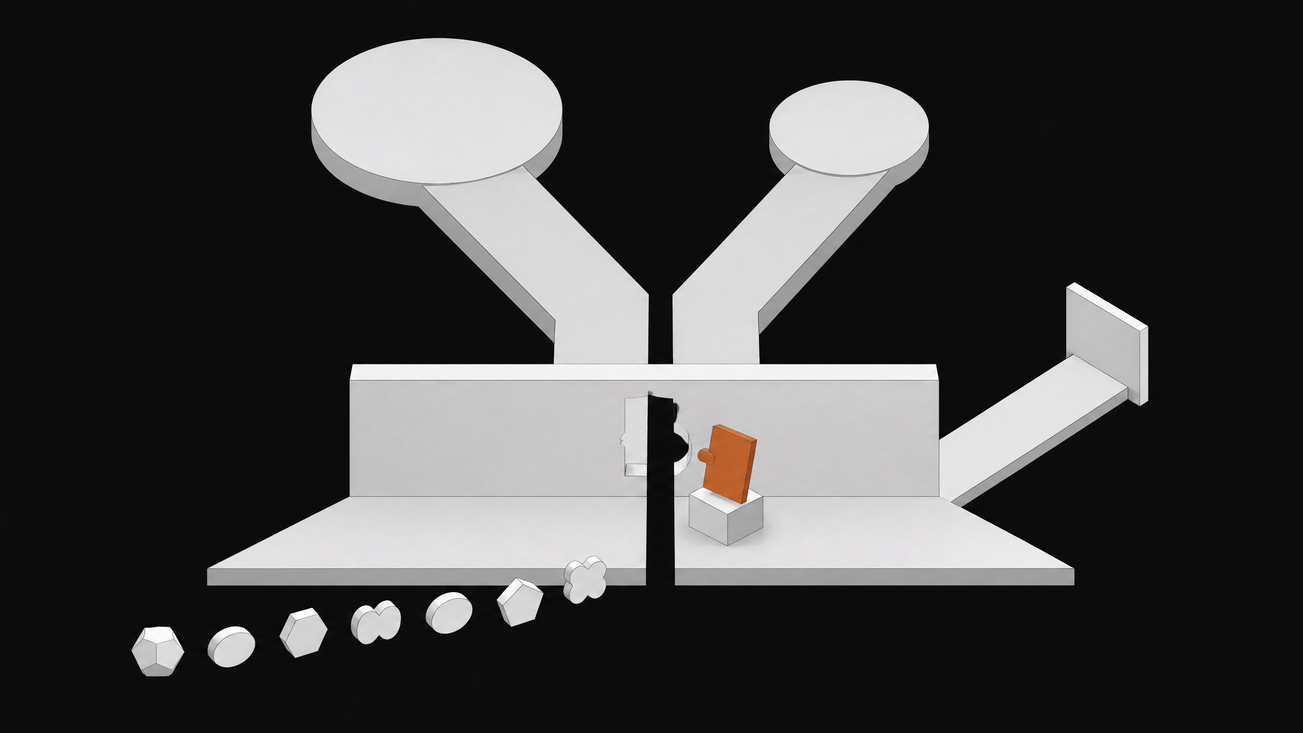 A gatehouse structure inspects small approaching tokens of varying shapes, some nearly identical, before letting traffic pass through open channels to two large distant nodes while diverting a separate channel to a closed panel, illustrating how to distinguish and block AI crawlers while preserving access for legitimate search engines.