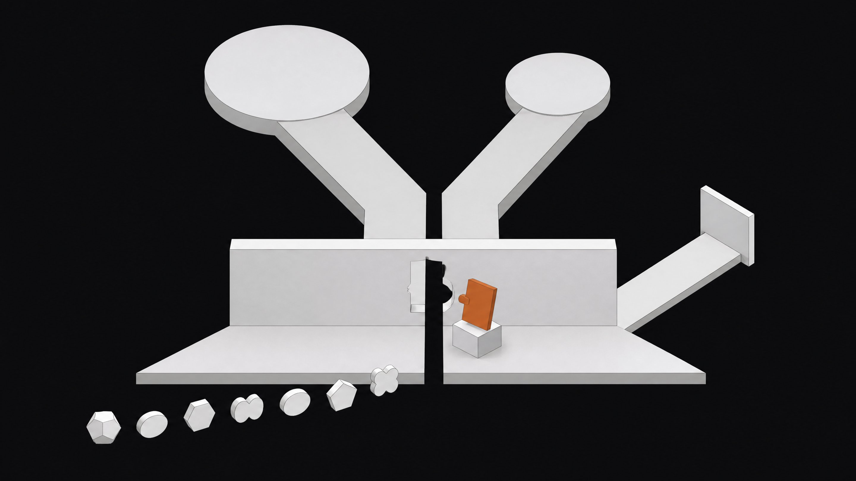 A gatehouse structure inspects small approaching tokens of varying shapes, some nearly identical, before letting traffic pass through open channels to two large distant nodes while diverting a separate channel to a closed panel, illustrating how to distinguish and block AI crawlers while preserving access for legitimate search engines.