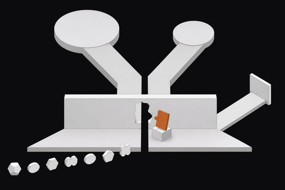 A gatehouse structure inspects small approaching tokens of varying shapes, some nearly identical, before letting traffic pass through open channels to two large distant nodes while diverting a separate channel to a closed panel, illustrating how to distinguish and block AI crawlers while preserving access for legitimate search engines.
