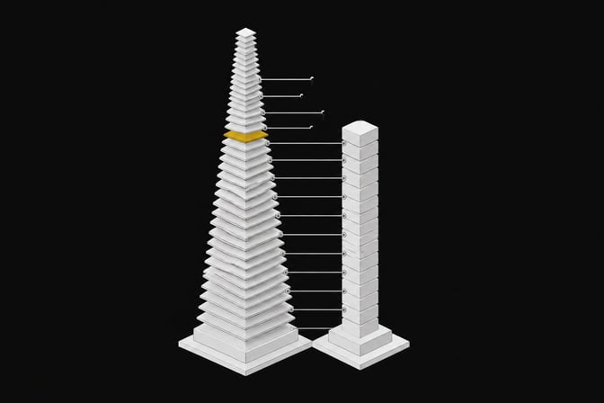 Two parallel stacked columns—one representing AI coding agent task volume, the other a budget meter—diverge in height, with a single marker highlighting the point where usage outpaces cost.