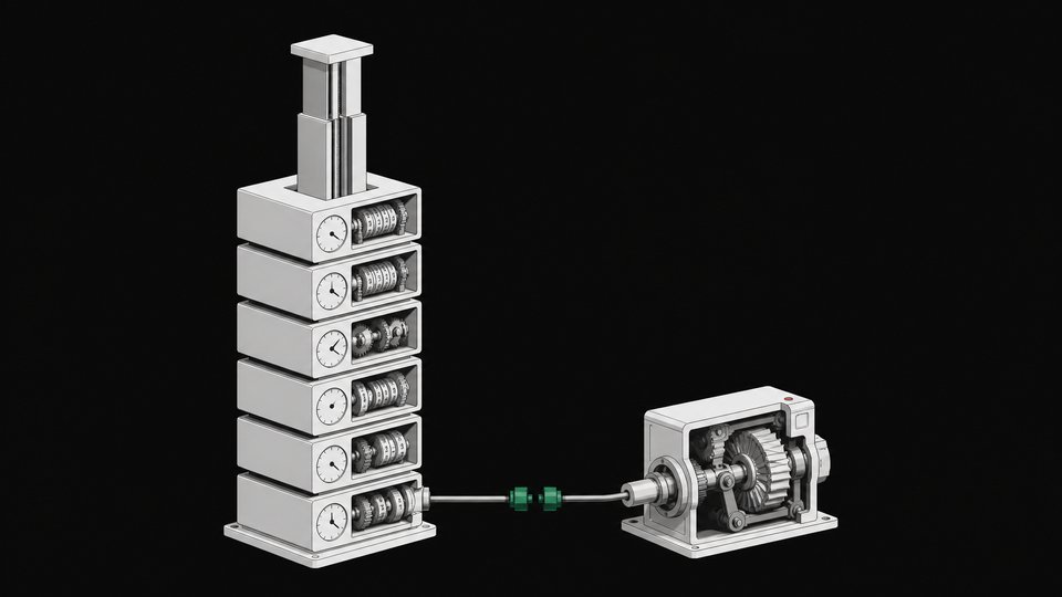 A cutaway illustration of stacked, growing subscription-billing modules beside a compact spinning efficiency turbine, connected by a rod whose coupling joint is disengaged, showing efficiency gains not transferring to reduce the rising software cost stack.