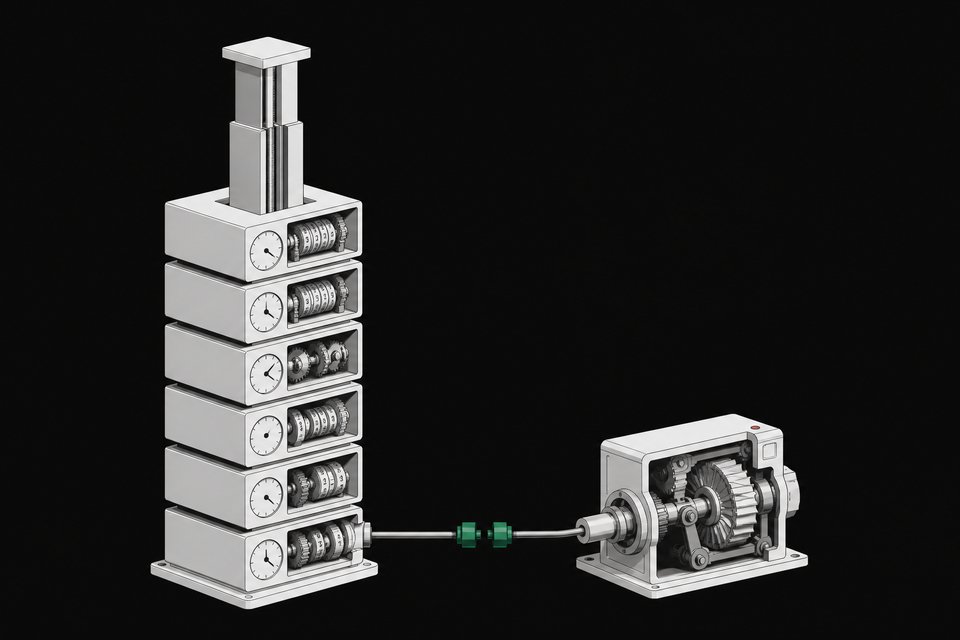 A cutaway illustration of stacked, growing subscription-billing modules beside a compact spinning efficiency turbine, connected by a rod whose coupling joint is disengaged, showing efficiency gains not transferring to reduce the rising software cost stack.