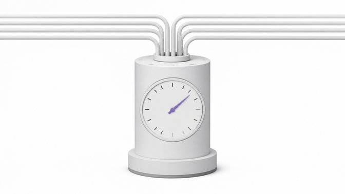 A single abstract utility meter with converging input conduits and an accent-colored needle mid-sweep, symbolizing continuous, hard-to-predict metered usage.