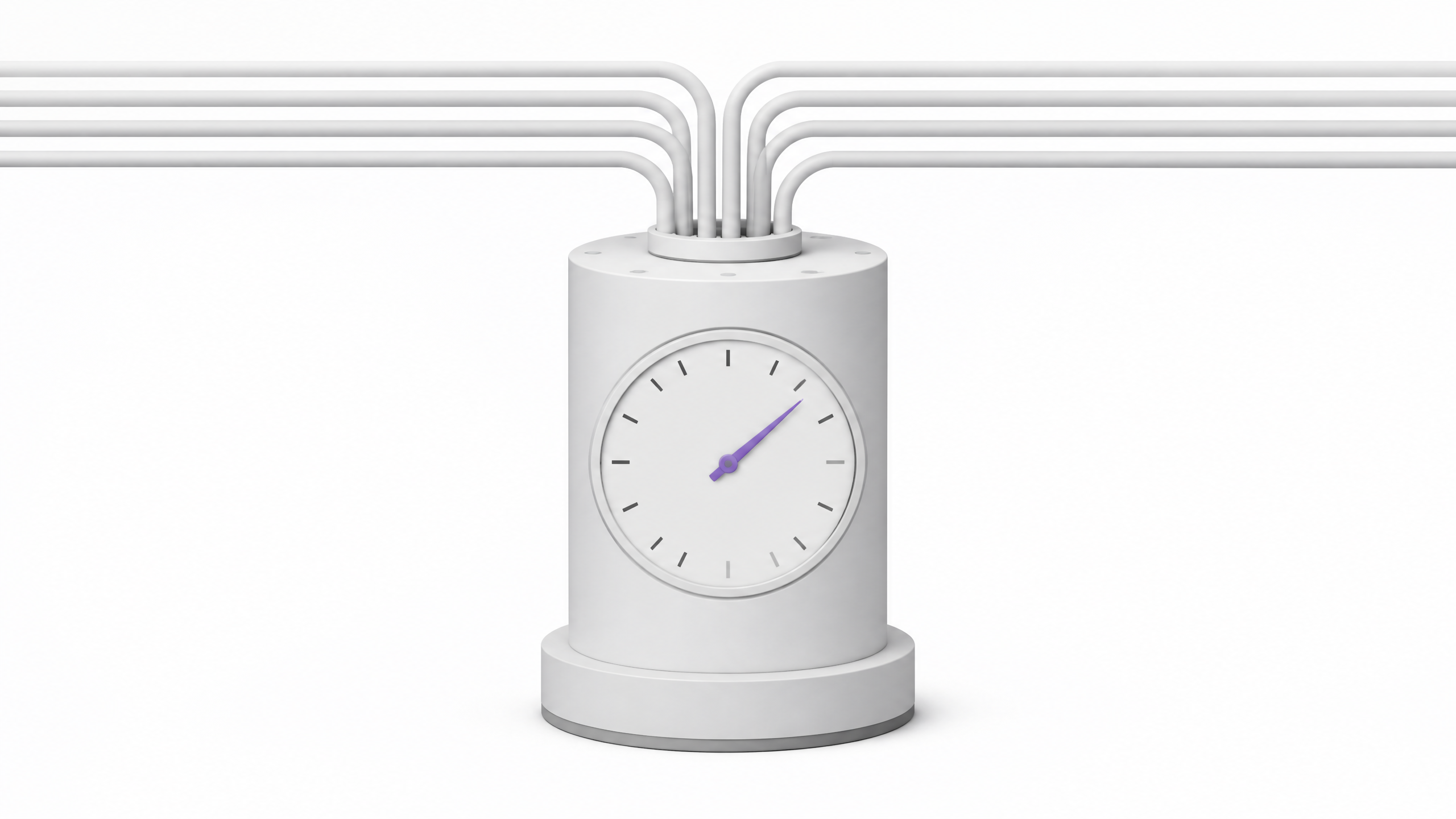 A single abstract utility meter with converging input conduits and an accent-colored needle mid-sweep, symbolizing continuous, hard-to-predict metered usage.