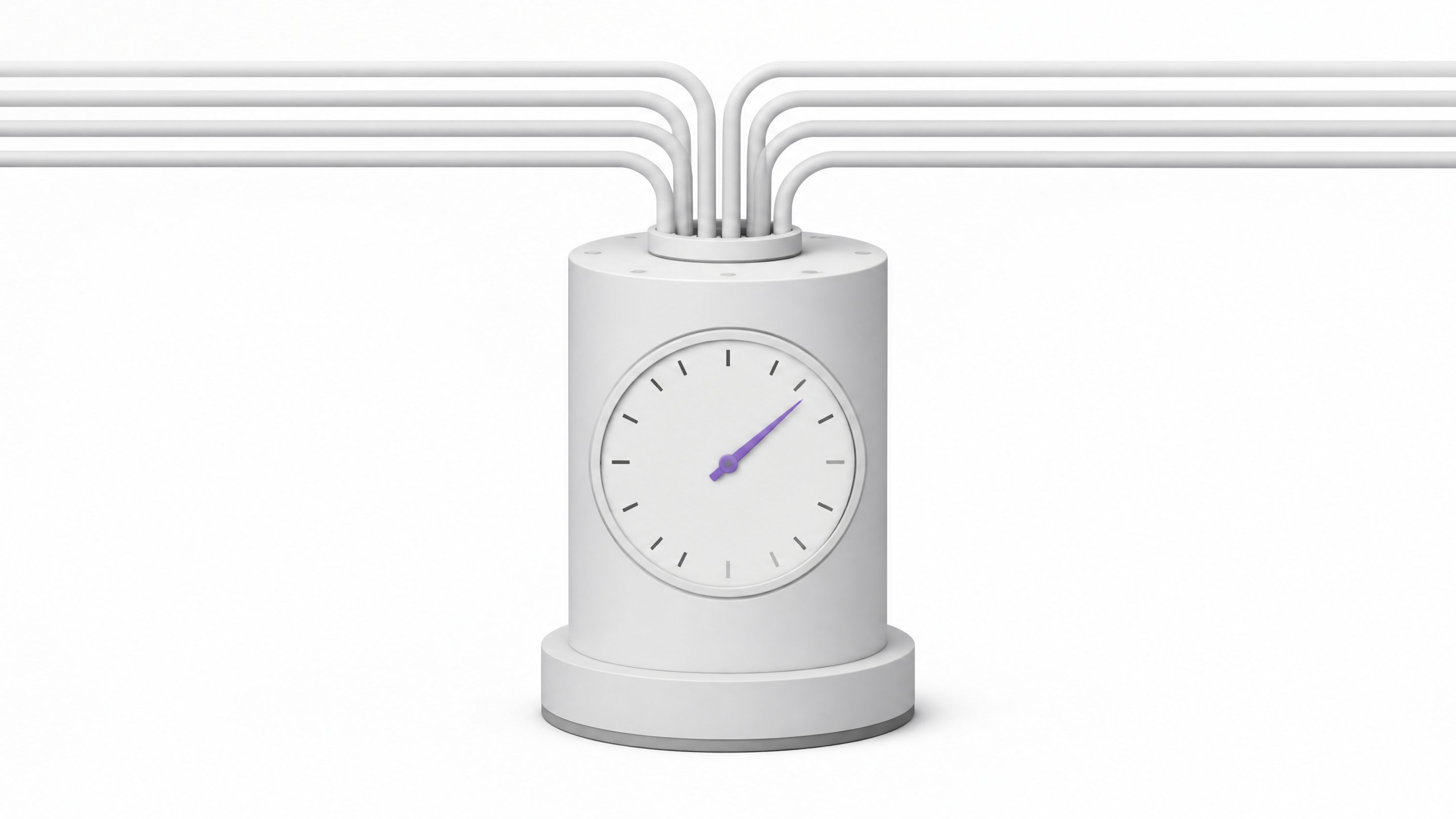 A single abstract utility meter with converging input conduits and an accent-colored needle mid-sweep, symbolizing continuous, hard-to-predict metered usage.