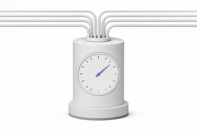 A single abstract utility meter with converging input conduits and an accent-colored needle mid-sweep, symbolizing continuous, hard-to-predict metered usage.