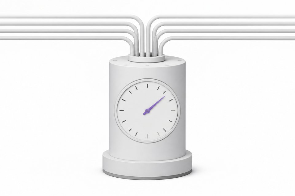 A single abstract utility meter with converging input conduits and an accent-colored needle mid-sweep, symbolizing continuous, hard-to-predict metered usage.