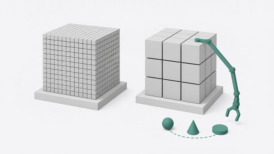 Two same-sized cubes made of different numbers and sizes of blocks, representing a full model versus a quantized model, with a mechanical arm from the compressed cube reaching toward small tool-shaped tokens.