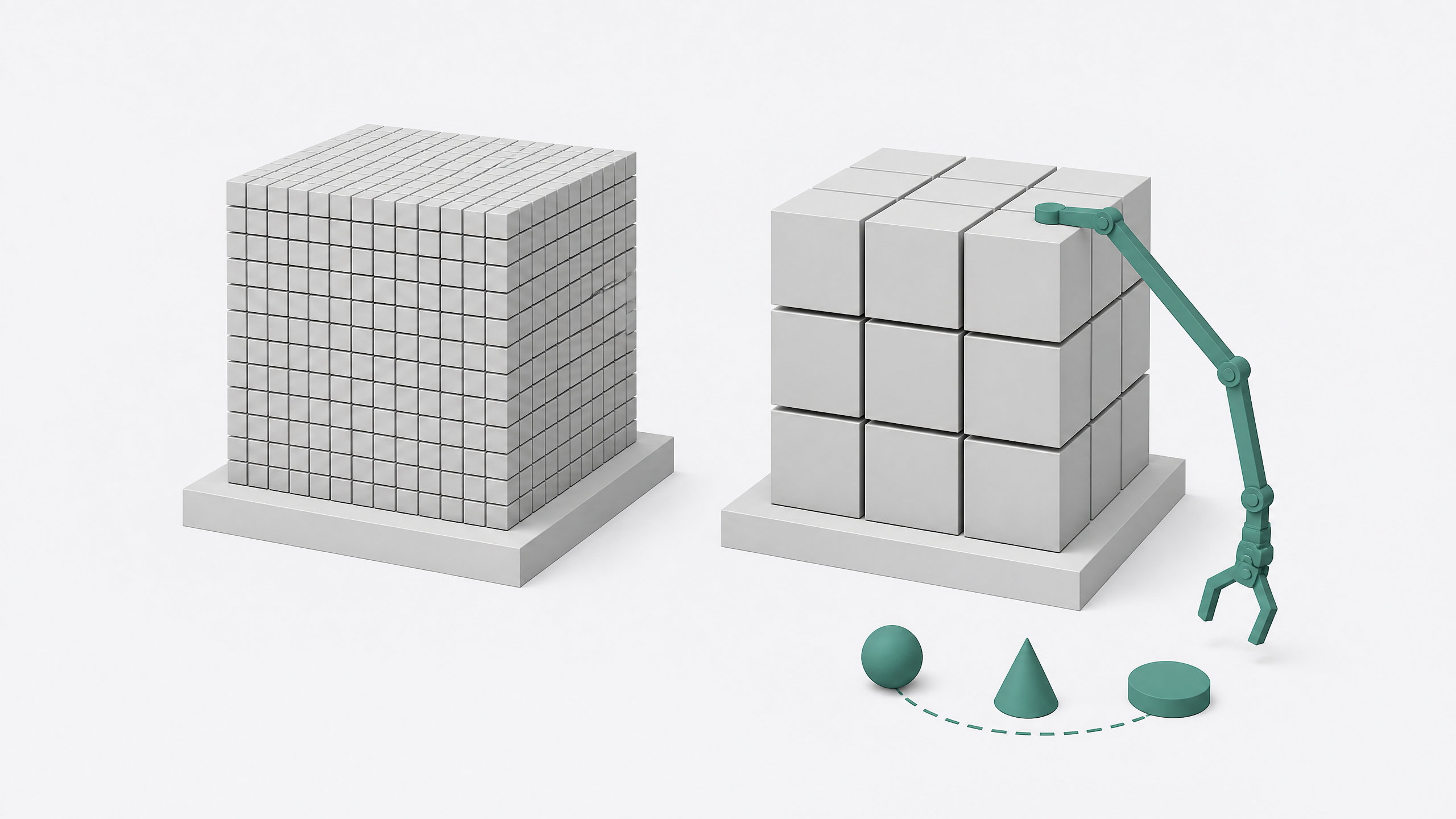 Two same-sized cubes made of different numbers and sizes of blocks, representing a full model versus a quantized model, with a mechanical arm from the compressed cube reaching toward small tool-shaped tokens.
