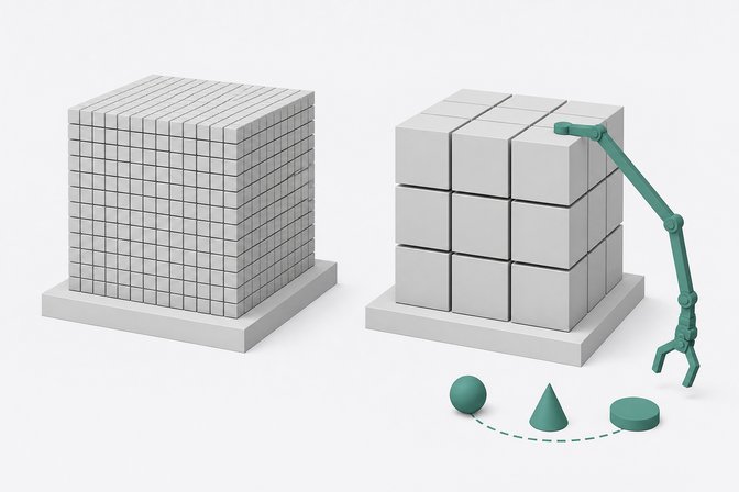 Two same-sized cubes made of different numbers and sizes of blocks, representing a full model versus a quantized model, with a mechanical arm from the compressed cube reaching toward small tool-shaped tokens.