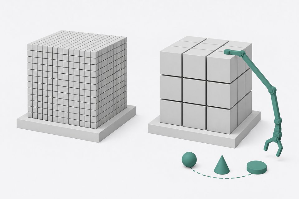 Two same-sized cubes made of different numbers and sizes of blocks, representing a full model versus a quantized model, with a mechanical arm from the compressed cube reaching toward small tool-shaped tokens.