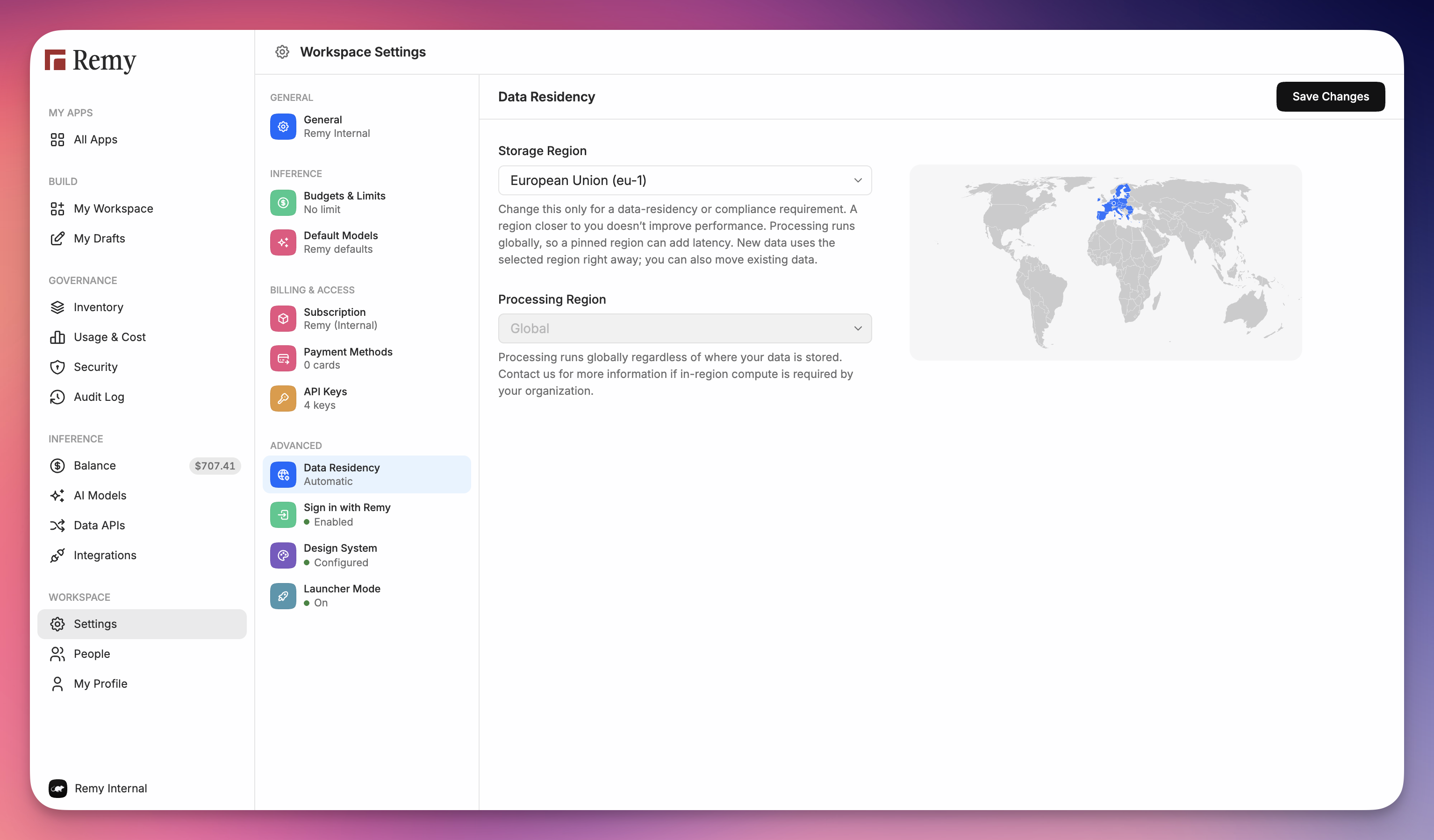 Data Residency in the Remy dashboard