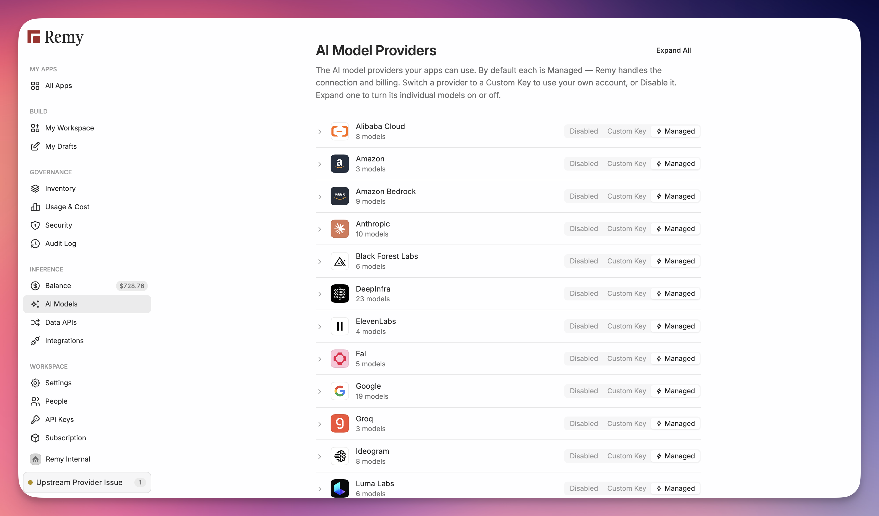 Models & Agents in the Remy dashboard
